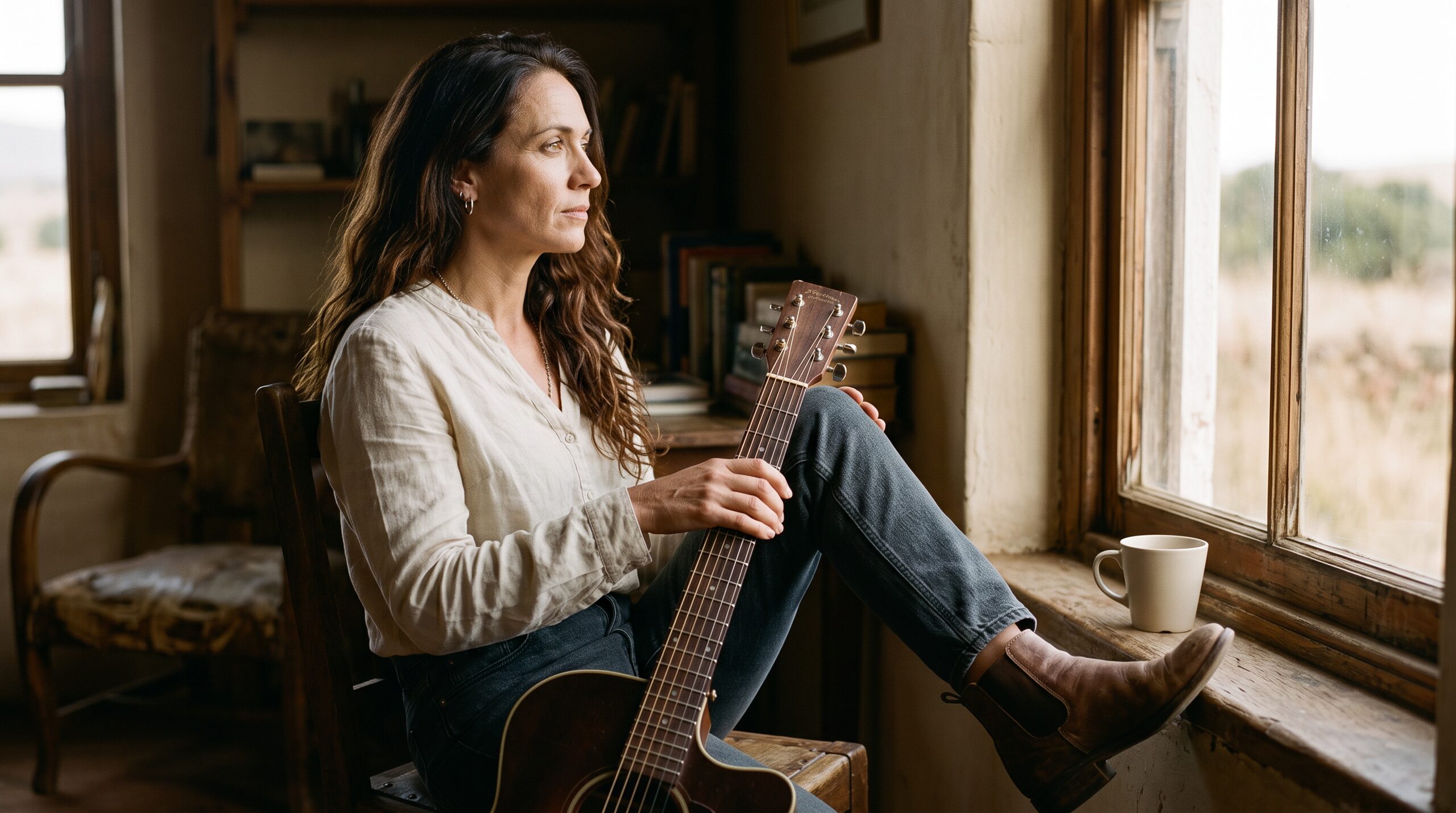 Ané Wilder with a guitar beside a window in warm daylight