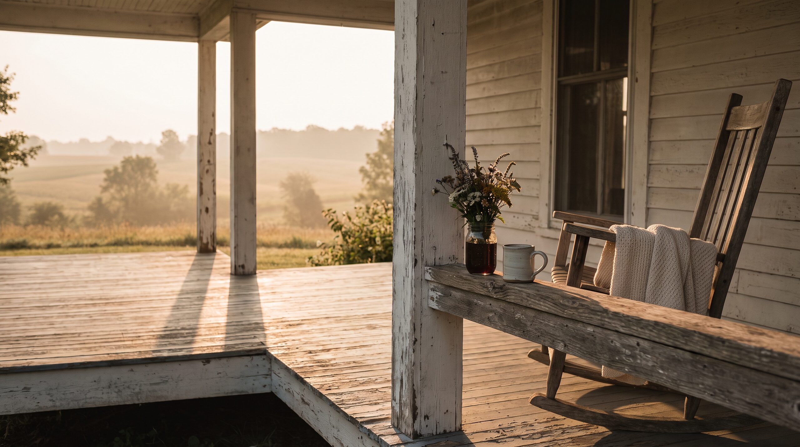 A rocking chair on a farmhouse porch at golden hour, a knitted blanket over one arm and a mug of coffee on the railing