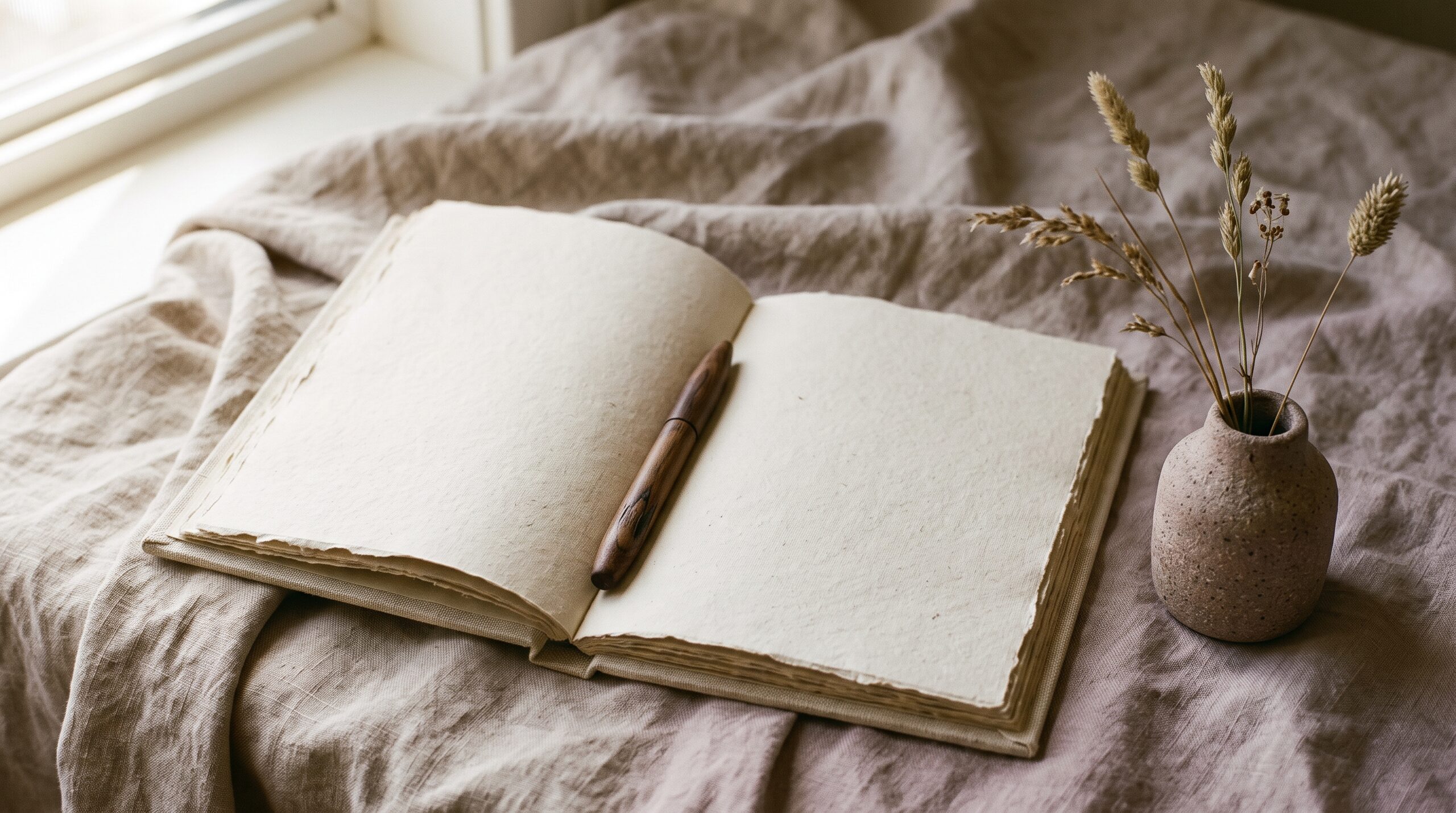 An open blank journal on rumpled linen with a pen beside it