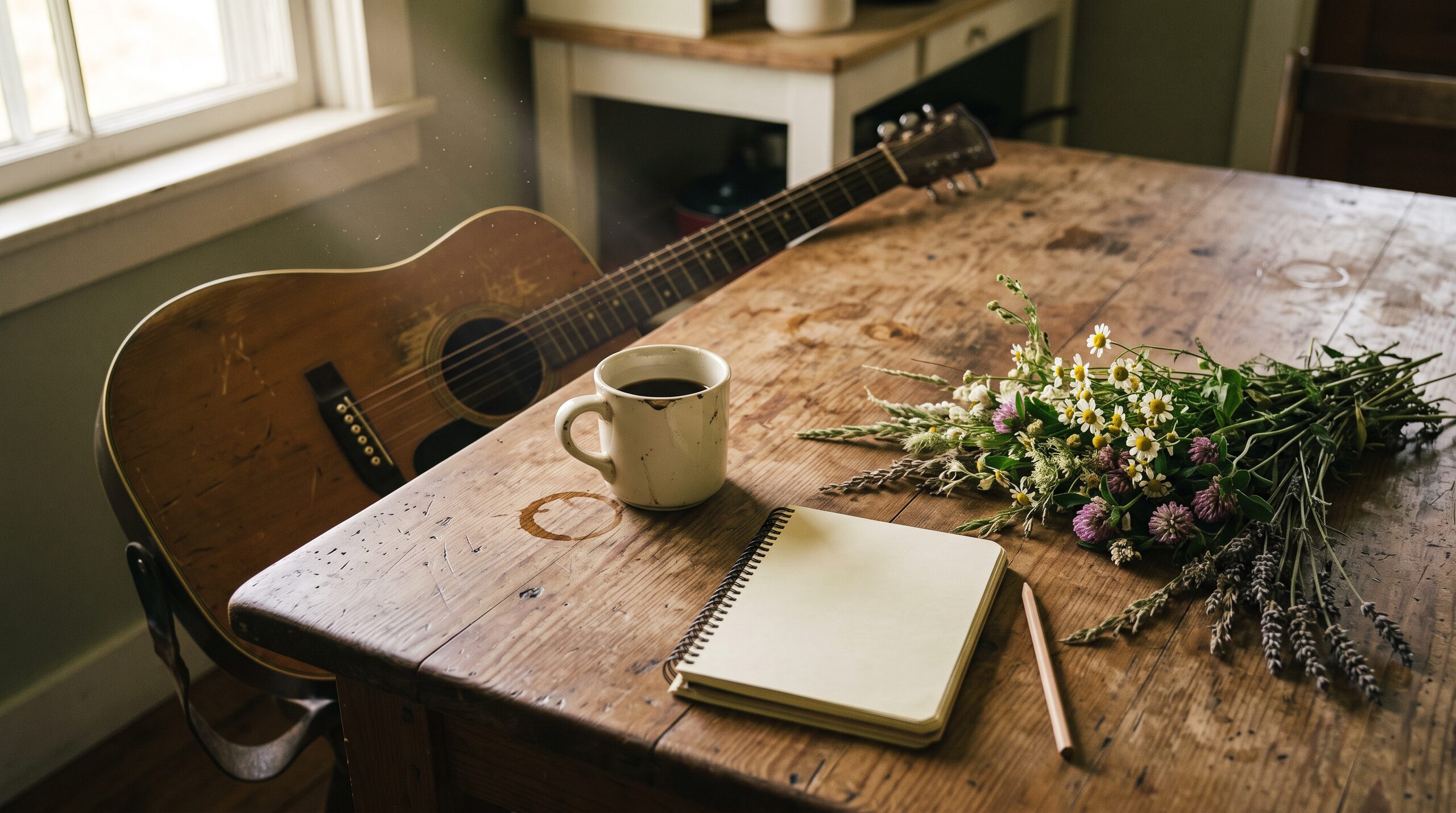 An acoustic guitar, a mug of coffee, an open notebook and wildflowers on an old pine table