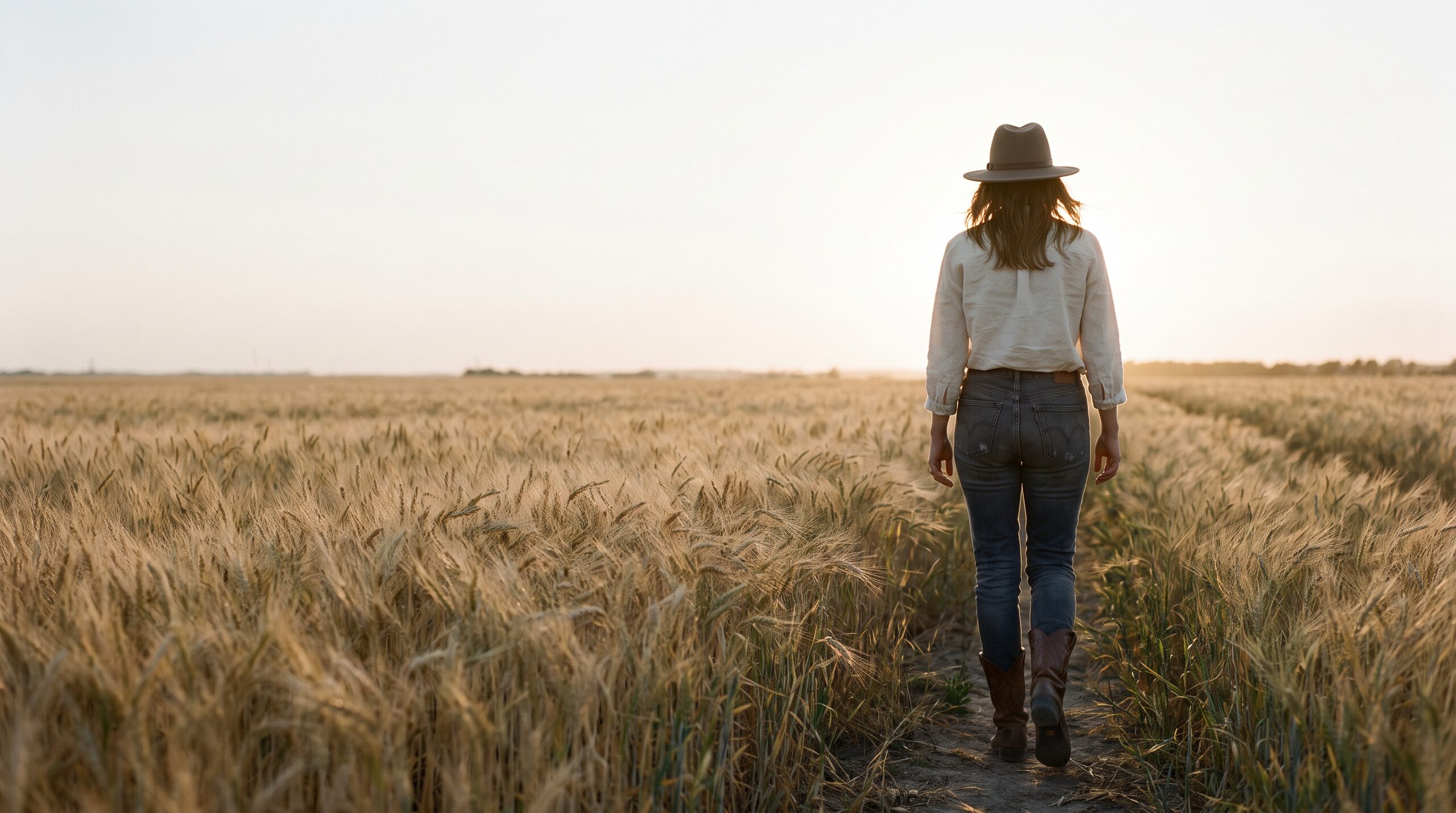 A woman in a brown felt hat walking away across a golden wheat field in low evening sun